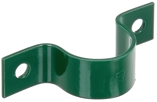Tube clip for fixing fence posts on walls, Material: raw steel, Surface: galvanised, green powder-coated RAL 6005, Total length: 105 mm, Width: 25 mm, For posts-Ø: 38 mm, Distance from middle to middle of hole: 80 mm, Hole: Ø9 mm, 15-year warranty against rusting through