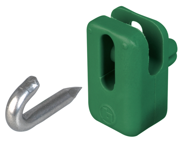 Wire holder for tension wires and barbed wire, Material: plastic, colour: green RAL 6005, Height: 25 mm, Width: 15 mm, Depth: 10 mm