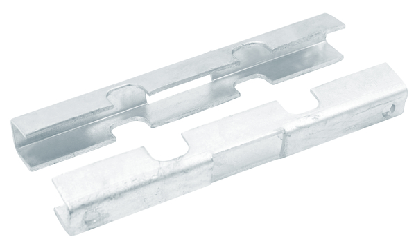 Panel connector for double bar grating panels, Material: raw steel, Surface: hot-dip galvanised, Item description: –, Type: two parts, Length: 140 mm, Width: 18 mm, Height: 15.5 mm, Screw: M8, Screw length: 30 mm, 15-year warranty against rusting through