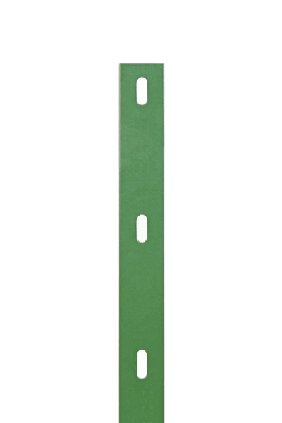 Flacheisen, Bohrabstand 200 mm, zur Befestigung von Doppelstab-Gittermatten an Zaunpfosten, Material: Stahl roh, Oberfläche: sendzimirverzinkt, grün kunststoffbeschichtet RAL 6005, Länge: 645 mm, Breite: 40 mm, für Mattenhöhe: 600 mm, Materialstärke: 4,00 mm, Anzahl Löcher: 4, Loch: 25 x 10 mm, 15 Jahre Garantie gegen Durchrosten