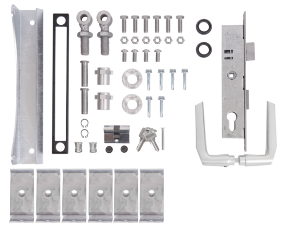 Accessory kit for single gates Flexo up to 1200 mm height, Material: raw steel, Surface: hot-dip galvanised, Contents per PU: 1 Set, 15-year warranty against rusting through, SAP bill of materials