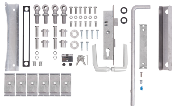 Accessory kit for double gates Flexo up to 1200 mm height, Material: raw steel, Surface: hot-dip galvanised, Contents per PU: 1 Set, 15-year warranty against rusting through