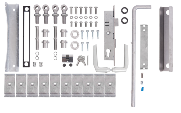 Accessory kit for double gates Flexo of 1400 to 2000 mm height, Material: raw steel, Surface: hot-dip galvanised, Contents per PU: 1 Set, 15-year warranty against rusting through