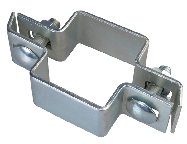 Middle clip for square posts, Material: raw steel, Surface: hot-dip galvanised, Type: two parts, For posts: 60 x 40 mm, Screw: M8, Screw length: 30 mm, 15-year warranty against rusting through