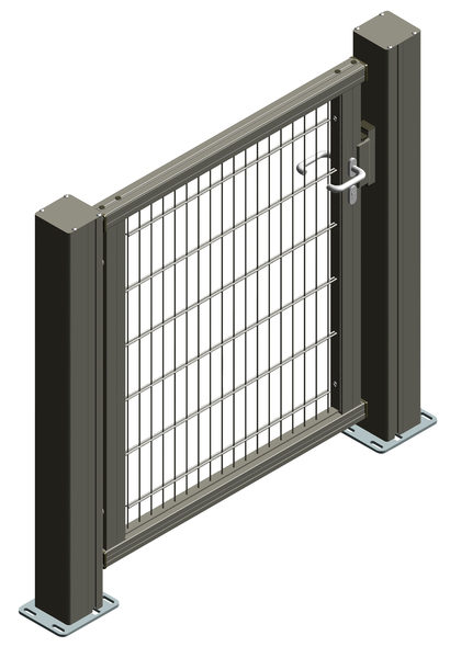 Einzeltor Mosaik, inkl. zwei Pfosten, Füllung: Doppelstab-Gittermatte, Material: Aluminium, Oberfläche: anthrazit kunststoffbeschichtet RAL 7016, zum Aufschrauben, Ausführung: links, lichte Breite: 1200 mm, Flügelbreite: 1100 mm, Durchgangsbreite: 1080 mm, Gesamtbreite: 1600 mm, Gesamthöhe: 1000 mm, Torhöhe: 900 mm, Pfostenlänge: 1007,3 mm, Pfostenstärke: 150 x 150 mm