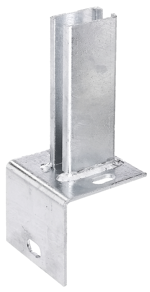 Post support for fence posts, 60 x 40 mm on L border blocks, Material: raw steel, Surface: hot-dip galvanised, for screwing on, Plate: 94 x 100 mm, Mounting bracket: 84 x 100 x 4 mm, For posts: 60 x 40 mm, Mounting: 55 mm, Mounting: 34 mm, No. of holes: 3, Hole: 24.5 x 12.5 mm, 15-year warranty against rusting through