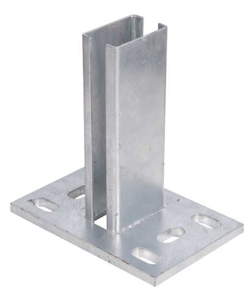 Post support for fence posts, 60 x 40 mm, Material: raw steel, Surface: hot-dip galvanised, for screwing on, Plate: 150 x 100 mm, For posts: 60 x 40 mm, Mounting: 55 mm, Mounting: 34 mm, No. of holes: 6, Hole: 24.5 x 12.5 mm