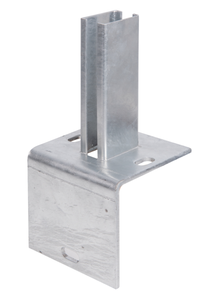Post support for fence posts, 60 x 40 mm on L border blocks, Material: raw steel, Surface: hot-dip galvanised, for screwing on, Plate: 120 x 120 mm, Mounting bracket: 120 x 120 x 5 mm, For posts: 60 x 40 mm, Mounting: 55 mm, Mounting: 34 mm, No. of holes: 3, Hole: 24.5 x 12.5 mm
