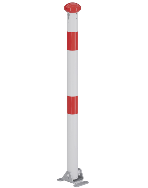 Bollard Grünenthal, foldable, Material: raw steel, Surface: hot-dip galvanised, white powder-coated with two red, reflecting rings, for screwing on, master keyed profile cylinder lock with three keys, Post dia.: 60 mm, Height above ground: 1000 mm, Plate length: 160 mm, Plate width: 100 mm, Ground plate: 160 x 100 mm, No. of eyes: 0, No. of chain safety links: 0, No. of holes: 4, Hole: Ø9 mm
