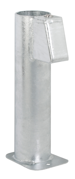 Bodenhülse für Schilderpfosten, mit montierter Klemmbacke, Material: Stahl roh, Oberfläche: feuerverzinkt, Länge: 300 mm, Platte: 112 x 87 mm, für Rohr-Ø: 60 mm, Anzahl Löcher: 1, Loch: Ø10 mm