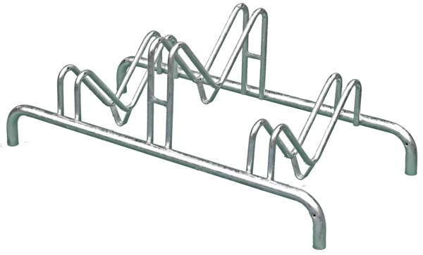 Multiple bicycle stand, free-standing, Material: raw steel, Surface: hot-dip galvanised passivated, frame with drilled holes for screwing on, Length: 1000 mm, Distance centre - centre of bracket: 300 mm, Depth: 515 mm, Frame thickness Ø: 28 mm, Clip Ø: 16 mm, No. of parking spaces: 3