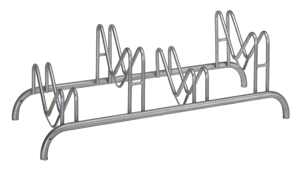 Multiple bicycle stand, free-standing, Material: raw steel, Surface: hot-dip galvanised passivated, frame with drilled holes for screwing on, Length: 1150 mm, Distance centre - centre of bracket: 300 mm, Depth: 515 mm, Frame thickness Ø: 28 mm, Clip Ø: 16 mm, No. of parking spaces: 4