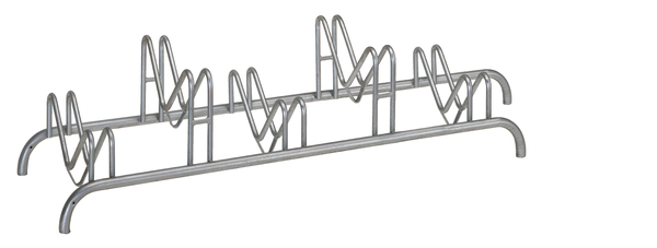 Multiple bicycle stand, free-standing, Material: raw steel, Surface: hot-dip galvanised passivated, frame with drilled holes for screwing on, Length: 1450 mm, Distance centre - centre of bracket: 300 mm, Depth: 515 mm, Frame thickness Ø: 28 mm, Clip Ø: 16 mm, No. of parking spaces: 5