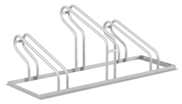 Fahrradständer City, freistehend, Material: Stahl roh, Oberfläche: feuerverzinkt passiviert, Haltebügel einseitig, Länge: 1050 mm, Abstand Mitte - Mitte Halter: 350 mm, Gesamtbreite: 489 mm, Gesamthöhe: 412 mm, Rahmenstärke: 25 x 25 mm