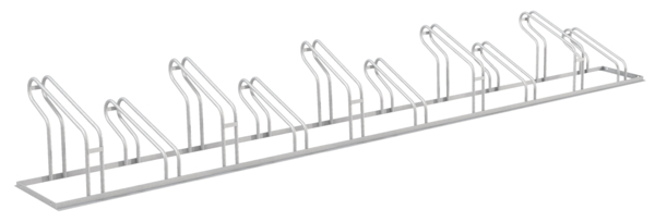 Fahrradständer City, freistehend, Material: Stahl roh, Oberfläche: feuerverzinkt passiviert, Haltebügel einseitig, Länge: 3500 mm, Abstand Mitte - Mitte Halter: 350 mm, Gesamtbreite: 489 mm, Gesamthöhe: 412 mm, Rahmenstärke: 25 x 25 mm, Bügel-Ø: 16 mm, Anzahl Einstellplätze: 10