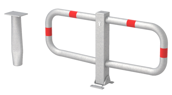 Parkplatzbügel Stoppy I, umlegbar, Material: Stahl roh, Oberfläche: feuerverzinkt passiviert mit vier roten, reflektierenden Ringen, zum Einbetonieren, gleichschließendes Profilzylinderschloss mit drei Schlüsseln, Pfosten: 70 x 70 mm, Bügel-Ø: 48 mm, Höhe über Boden: 450 mm, Breite: 950 mm, Anzahl Löcher: 4, Loch: Ø9 mm