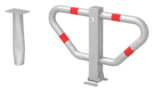 Parkplatzbügel Stoppy II, umlegbar, Material: Stahl roh, Oberfläche: feuerverzinkt passiviert mit vier roten, reflektierenden Ringen, zum Einbetonieren, gleichschließendes Profilzylinderschloss mit drei Schlüsseln, Pfosten: 70 x 70 mm, Bügel-Ø: 48 mm, Höhe über Boden: 450 mm, Breite: 750 mm, Anzahl Löcher: 4, Loch: Ø9 mm