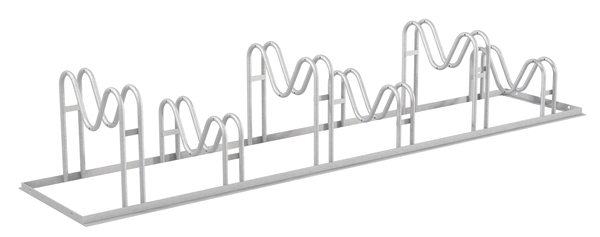 Bicycle stand Ville, free-standing, Material: raw steel, Surface: hot-dip galvanised passivated, mounting bracket, single-sided, Length: 2100 mm, Height of bracket: 200 mm, Height of bracket: 340 mm, Distance centre - centre of bracket: 350 mm, Total width: 446 mm, Total height: 370 mm, Frame thickness: 25 x 25 mm, Clip Ø: 16 mm, No. of parking spaces: 6