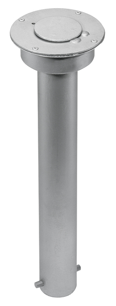 Ground sleeve for round bollards, self-adhesive, Material: raw steel, Surface: hot-dip galvanised passivated, for setting in concrete, Item description: With galvanised protective cap, Length: 460 mm