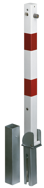 Bollard Der Clou, removable and foldable, Material: raw steel, Surface: hot-dip galvanised, white powder-coated, for setting in concrete, Post: 70 x 70 mm, Height above ground: 1000 mm, Length of ground sleeve: 400 mm, Ground sleeve: 80 x 80 mm, No. of eyes: 0