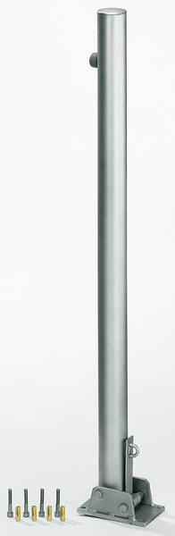 Bollard Locky, round, foldable, Material: raw steel, Surface: hot-dip galvanised passivated, for screwing on, Post dia.: 60 mm, Height above ground: 1000 mm, Plate length: 160 mm, Plate width: 100 mm