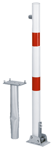 Bollard Locky-Bo, round, foldable, Material: raw steel, Surface: hot-dip galvanised passivated, for setting in concrete, Post dia.: 60 mm, Height above ground: 1000 mm, Plate length: 160 mm, Plate width: 100 mm, Ground sleeve dia.: 60 mm, Length of ground sleeve: 400 mm, Ground plate: 150 x 100 mm