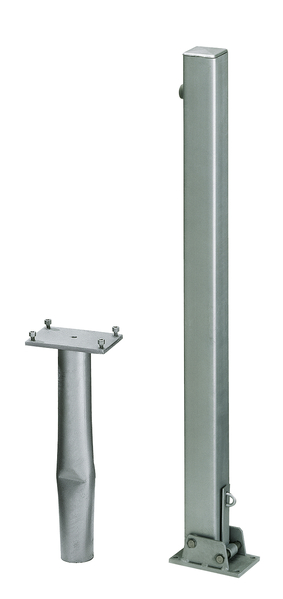 Bollard Locky-Bo, angular, foldable, Material: raw steel, Surface: hot-dip galvanised passivated, for setting in concrete, Post: 70 x 70 mm, Height above ground: 1000 mm, Plate length: 160 mm, Plate width: 100 mm, Ground sleeve dia.: 60 mm, Length of ground sleeve: 400 mm, Ground plate: 150 x 100 mm