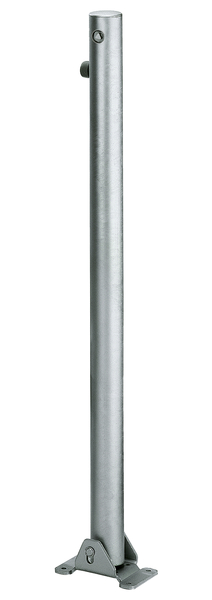 Bollard Klappy, round, foldable, Material: raw steel, Surface: hot-dip galvanised passivated, for screwing on, master keyed profile cylinder lock with three keys, Post dia.: 60 mm, Height above ground: 1000 mm, Plate length: 160 mm, Plate width: 100 mm, Ground plate: 160 x 100 mm, No. of holes: 4, Hole: Ø9 mm
