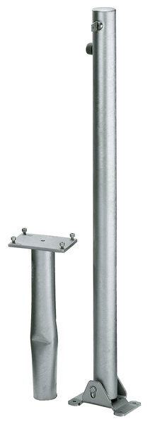 Bollard Klappy-Bo, round, foldable, Material: raw steel, Surface: hot-dip galvanised passivated, for setting in concrete, master keyed profile cylinder lock with three keys, Post dia.: 60 mm, Height above ground: 1000 mm, Plate length: 160 mm, Plate width: 100 mm, Ground sleeve dia.: 60 mm, Length of ground sleeve: 400 mm, Ground plate: 160 x 100 mm, No. of holes: 4, Hole: Ø9 mm