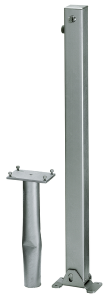 Bollard Klappy-Bo, angular, foldable, Material: raw steel, Surface: hot-dip galvanised passivated, for setting in concrete, master keyed profile cylinder lock with three keys, Post: 70 x 70 mm, Height above ground: 1000 mm, Plate length: 160 mm, Plate width: 100 mm, Ground sleeve dia.: 60 mm, Length of ground sleeve: 400 mm, Ground plate: 160 x 100 mm, No. of holes: 4, Hole: Ø9 mm