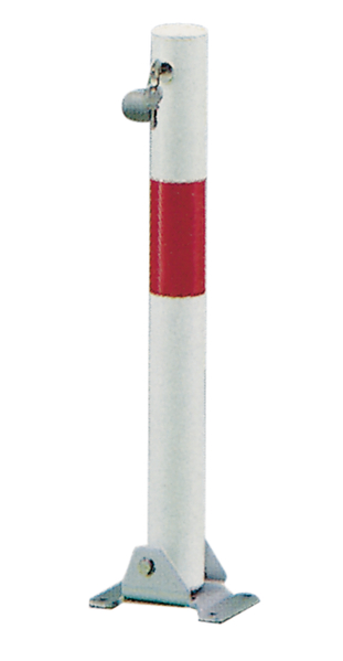 Bollard Little, round, foldable, Material: raw steel, Surface: hot-dip galvanised, white powder-coated with one red, reflecting ring, for screwing on, master keyed profile cylinder lock with three keys, Post dia.: 60 mm, Height above ground: 600 mm, Plate length: 160 mm, Plate width: 100 mm, Ground plate: 160 x 100 mm, No. of holes: 4, Hole: Ø9 mm