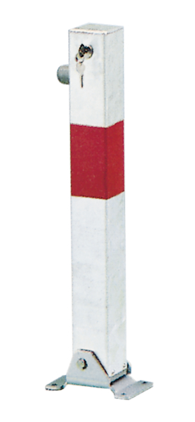 Bollard Little, angular, foldable, Material: raw steel, Surface: hot-dip galvanised, white powder-coated with one red, reflecting ring, for screwing on, master keyed profile cylinder lock with three keys, Post: 70 x 70 mm, Height above ground: 600 mm, Plate length: 160 mm, Plate width: 100 mm, Ground plate: 160 x 100 mm, No. of holes: 4, Hole: Ø9 mm