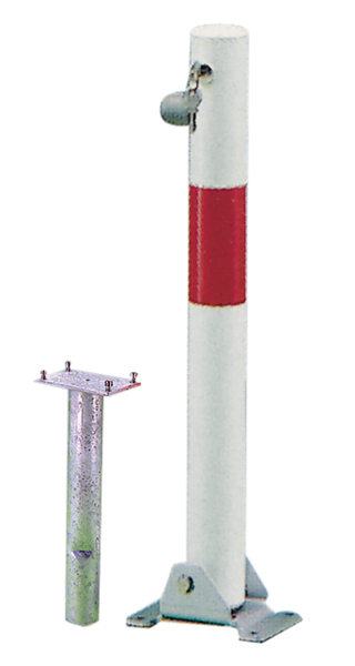 Bollard Little-Bo, round, foldable, Material: raw steel, Surface: hot-dip galvanised, white powder-coated with one red, reflecting ring, for setting in concrete, master keyed profile cylinder lock with three keys, Post dia.: 60 mm, Height above ground: 600 mm, Plate length: 160 mm, Plate width: 100 mm, Ground sleeve dia.: 60 mm, Length of ground sleeve: 400 mm, Ground plate: 160 x 100 mm, No. of holes: 4, Hole: Ø9 mm