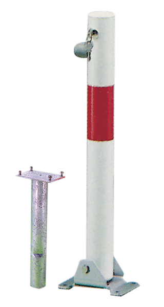 Absperrpfosten Little-Bo, rund, umlegbar, Material: Stahl roh, Oberfläche: feuerverzinkt, weiß kunststoffbeschichtet mit einem roten, reflektierenden Ring, zum Einbetonieren, gleichschließendes Profilzylinderschloss mit drei Schlüsseln, Pfosten-Ø: 60 mm, Höhe über Boden: 600 mm, Plattenlänge: 160 mm, Plattenbreite: 100 mm, Bodenhülsen-Ø: 60 mm, Länge Bodenhülse: 400 mm, Anzahl Löcher: 4, Loch: Ø9 mm