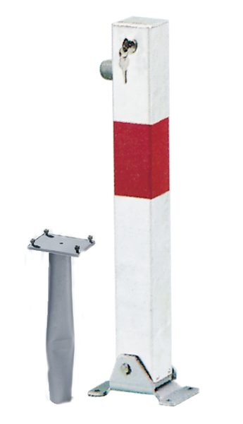 Bollard Little-Bo, angular, foldable, Material: raw steel, Surface: hot-dip galvanised, white powder-coated with one red, reflecting ring, for setting in concrete, master keyed profile cylinder lock with three keys, Post: 70 x 70 mm, Height above ground: 600 mm, Plate length: 160 mm, Plate width: 100 mm, Ground sleeve dia.: 60 mm, Length of ground sleeve: 400 mm, Ground plate: 160 x 100 mm, No. of holes: 4, Hole: Ø9 mm