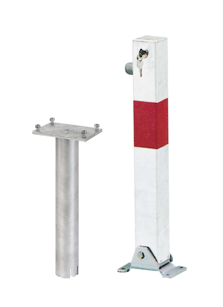 Absperrpfosten Little-Bo, eckig, umlegbar, Material: Stahl roh, Oberfläche: feuerverzinkt, weiß kunststoffbeschichtet mit einem roten, reflektierenden Ring, zum Einbetonieren, gleichschließendes Profilzylinderschloss mit drei Schlüsseln, Pfosten: 70 x 70 mm, Höhe über Boden: 600 mm, Plattenlänge: 160 mm, Plattenbreite: 100 mm, Bodenhülsen-Ø: 60 mm, Länge Bodenhülse: 400 mm, Anzahl Löcher: 4, Loch: Ø9 mm