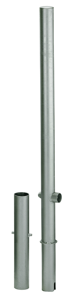 Absperrpfosten Passau, rund, herausnehmbar, Material: Stahl roh, Oberfläche: feuerverzinkt passiviert, zum Einbetonieren, Dreikantschloss ohne Dreikantschlüssel, Pfosten-Ø: 60 mm, Höhe über Boden: 1000 mm, Gesamtlänge Pfosten: 1200 mm, Bodenhülsen-Ø: 65 mm, Länge Bodenhülse: 400 mm