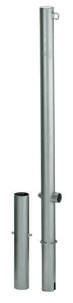 Bollard Passau, round, removable, Material: raw steel, Surface: hot-dip galvanised passivated, for setting in concrete, triangle lock without triangular key, Post dia.: 60 mm, Height above ground: 1000 mm, Total length of post: 1200 mm, Ground sleeve dia.: 65 mm, Length of ground sleeve: 400 mm, No. of eyes: 1