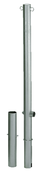 Bollard Passau, round, removable, Material: raw steel, Surface: hot-dip galvanised passivated, for setting in concrete, triangle lock without triangular key, Post dia.: 60 mm, Height above ground: 1000 mm, Total length of post: 1200 mm, Ground sleeve dia.: 65 mm, Length of ground sleeve: 400 mm, No. of eyes: 2