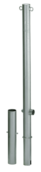 Bollard Passau, round, removable, Material: raw steel, Surface: hot-dip galvanised passivated, for setting in concrete, triangle lock without triangular key, Post dia.: 76 mm, Height above ground: 1000 mm, Total length of post: 1200 mm, Ground sleeve dia.: 65 mm, Length of ground sleeve: 400 mm, No. of eyes: 2