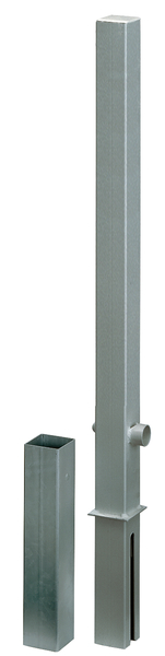 Absperrpfosten Passau, eckig, herausnehmbar, Material: Stahl roh, Oberfläche: feuerverzinkt passiviert, zum Einbetonieren, Dreikantschloss ohne Dreikantschlüssel, Pfosten: 70 x 70 mm, Höhe über Boden: 1000 mm, Gesamtlänge Pfosten: 1200 mm, Bodenhülse: 80 x 80 mm, Länge Bodenhülse: 400 mm