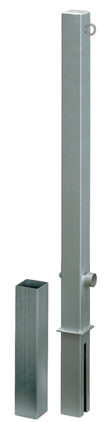 Bollard Passau, angular, removable, Material: raw steel, Surface: hot-dip galvanised passivated, for setting in concrete, triangle lock without triangular key, Post: 70 x 70 mm, Height above ground: 1000 mm, Total length of post: 1200 mm, Ground sleeve: 80 x 80 mm, Length of ground sleeve: 400 mm, No. of eyes: 1