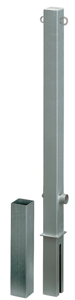 Bollard Passau, angular, removable, Material: raw steel, Surface: hot-dip galvanised passivated, for setting in concrete, triangle lock without triangular key, Post: 70 x 70 mm, Height above ground: 1000 mm, Total length of post: 1200 mm, Ground sleeve: 80 x 80 mm, Length of ground sleeve: 400 mm, No. of eyes: 2