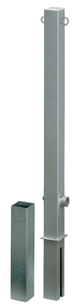 Absperrpfosten Passau, eckig, herausnehmbar, Material: Stahl roh, Oberfläche: feuerverzinkt passiviert, zum Einbetonieren, Dreikantschloss ohne Dreikantschlüssel, Pfosten: 70 x 70 mm, Höhe über Boden: 1000 mm, Gesamtlänge Pfosten: 1200 mm, Bodenhülse: 80 x 80 mm, Länge Bodenhülse: 400 mm