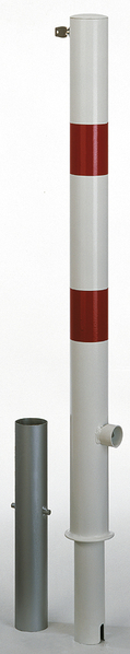 Bollard Passau-Royal, round, removable, Material: raw steel, Surface: hot-dip galvanised, white powder-coated with two red, reflecting rings, for setting in concrete, Post dia.: 60 mm, Height above ground: 1000 mm, Total length of post: 1200 mm, Ground sleeve dia.: 65 mm, Length of ground sleeve: 400 mm, No. of eyes: 0