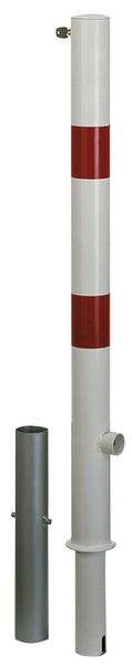 Bollard Passau-Royal, round, removable, Material: raw steel, Surface: hot-dip galvanised, white powder-coated with two red, reflecting rings, for setting in concrete, Post dia.: 60 mm, Height above ground: 1000 mm, Total length of post: 1200 mm, Ground sleeve dia.: 65 mm, Length of ground sleeve: 400 mm, No. of eyes: 0