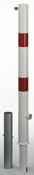 Bollard Passau-Royal, round, removable, Material: raw steel, Surface: hot-dip galvanised, white powder-coated with two red, reflecting rings, for setting in concrete, Post dia.: 76 mm, Height above ground: 1000 mm, Total length of post: 1200 mm, Ground sleeve dia.: 65 mm, Length of ground sleeve: 400 mm, No. of eyes: 0