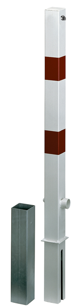 Bollard Passau-Royal, angular, removable, Material: raw steel, Surface: hot-dip galvanised, white powder-coated with two red, reflecting rings, for setting in concrete, Post: 70 x 70 mm, Height above ground: 1000 mm, Total length of post: 1200 mm, Ground sleeve: 80 x 80 mm, Length of ground sleeve: 400 mm, No. of eyes: 0