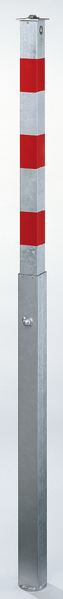 Bollard Quicky, drop-down, Material: raw steel, Surface: hot-dip galvanised, white powder-coated with three red, reflecting rings, for setting in concrete, Post: 70 x 70 mm, Height above ground: 1000 mm, 80 x 80 mm, Length of ground sleeve: 1100 mm
