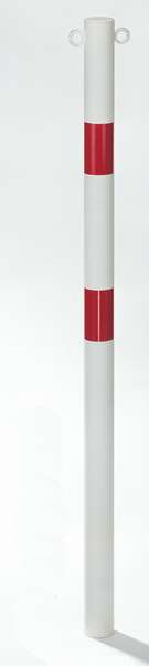Bollard standard SK, round, Material: raw steel, Surface: hot-dip galvanised, white powder-coated with two red, reflecting rings, for setting in concrete, Post dia.: 60 mm, Height above ground: 1000 mm, Total length of post: 1500 mm, No. of eyes: 2